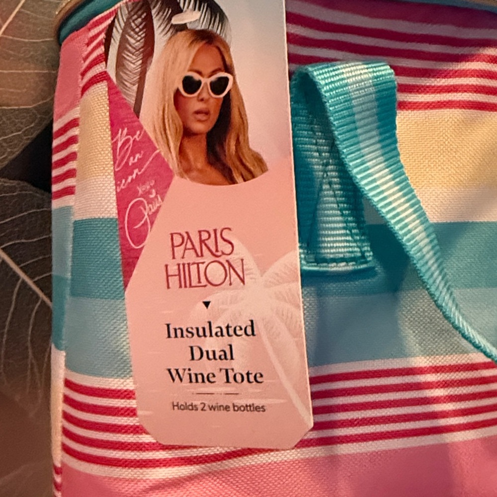 Paris Hilton Pink, Aqua & Cream Striped Insulated Wine Tote - Picture 2 of 4